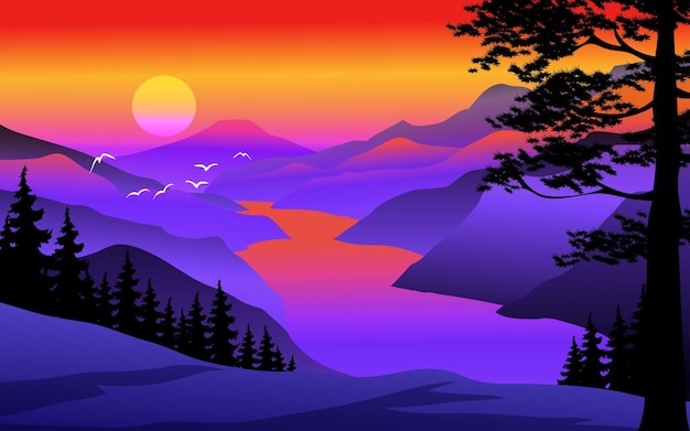 Panorama du coucher du soleil sur la montagne avec rivière et arbres en silhouette
