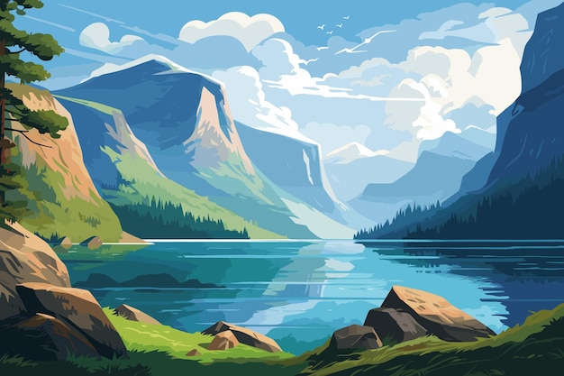 Panorama Du Paysage Des Fjords En Norvège Illustration Vectorielle En Couleurs