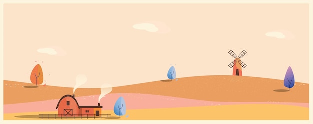 Vecteur panorama minimal illustration vectorielle du paysage de campagne en automne, bannière de la maison de ferme.