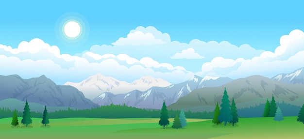 Panorama de montagnes et de forêts, ciel avec nuages et étoiles, beau paysage