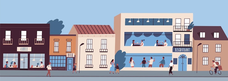 Vecteur panorama de la rue de la ville avec des gens qui marchent, font du vélo et passent du temps dans un café et un restaurant. paysage urbain du centre-ville avec des façades de bâtiments. illustration vectorielle en style cartoon plat.