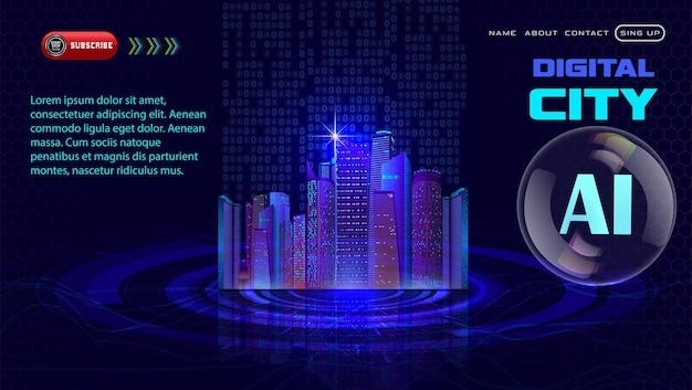Panorama D'une Ville Numérique Avec Intelligence Artificielle Au Crépuscule Dans Des Couleurs Bleues Froides