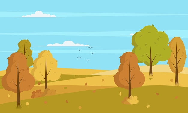 Panoramique du paysage de campagne en automne avec des feuilles tombées sur l'herbe, illustration vectorielle