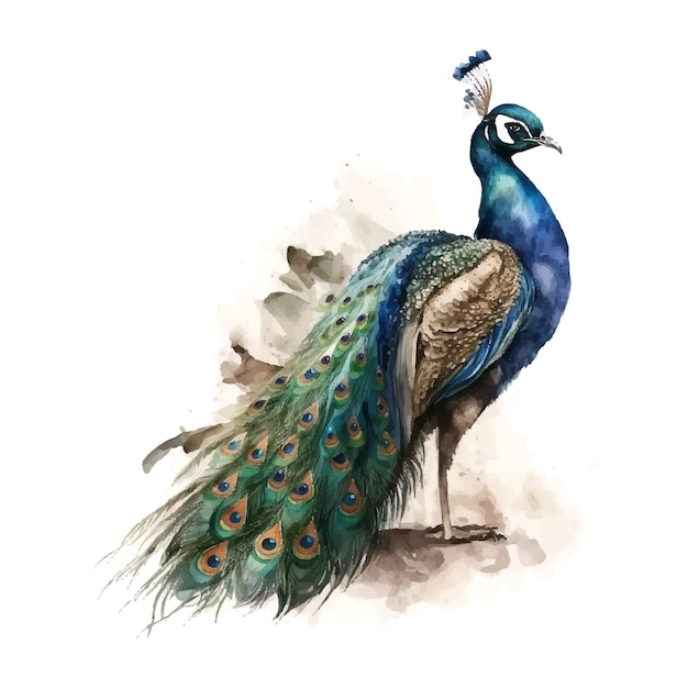 Paon aquarelle vecteur bel oiseau design coloré éclaboussures de peintures