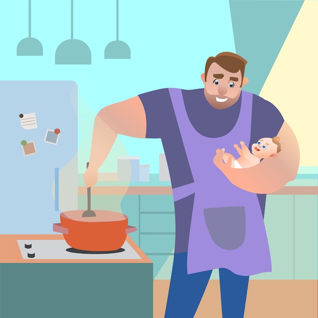 Vecteur papa dans la cuisine avec un enfant dans ses bras en train de préparer un repas. illustration de dessin animé de vecteur