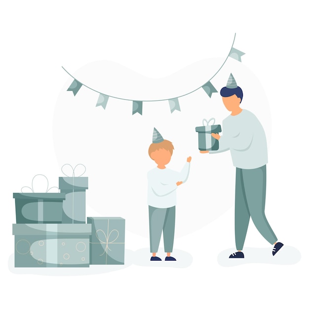 Vecteur papa donne à son fils une boîte-cadeau et un garçon prend un cadeau pour célébrer son anniversaire debout près de cadeaux