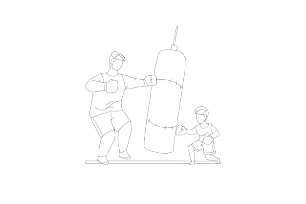 Papa Et Fils Enfant Boxe Pratiquant Des Coups De Poing Passant Du Temps Ensemble Ligne Illustration Vectorielle. Activité Sportive Pour Parents Et Enfants. Fête Des Pères