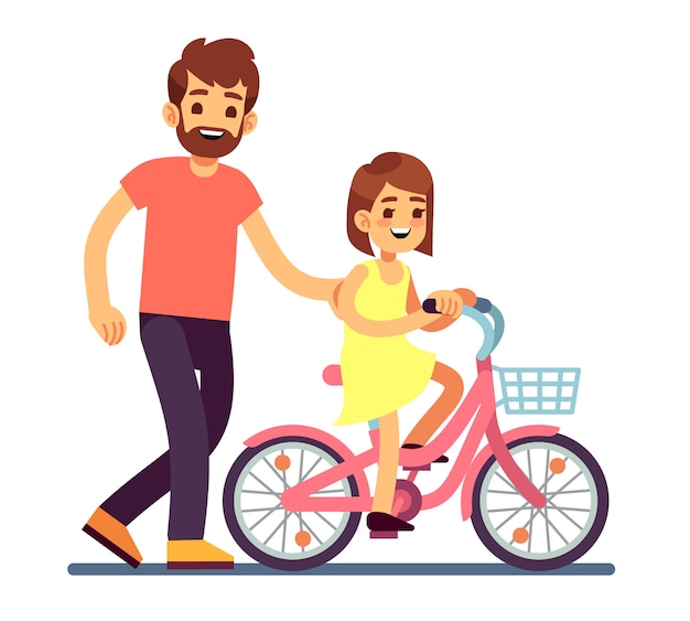 Papa Heureux Enseignement Fille Vélo Vélo. Concept De Vecteur De Famille Heureux Isolé