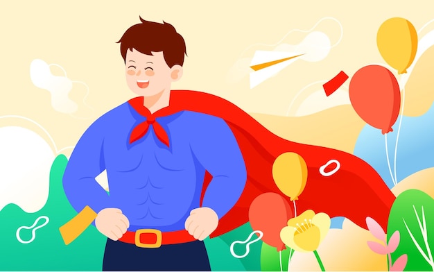 Papa portant un costume de superman sur l'illustration vectorielle d'interaction parent-enfant fête des pères
