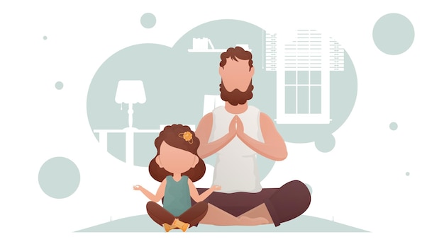 Vecteur papa et sa fille sont assis et font du yoga yoga cartoon style