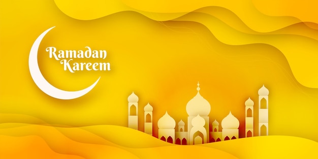 Paper Cut Style Vecteur Gratuit Eid Mubarak Ramadan Saison Festival Salutation Bannière Conception