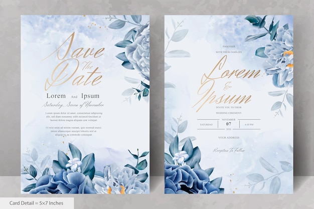 Papeterie de mariage élégante avec fleur et feuilles bleu marine