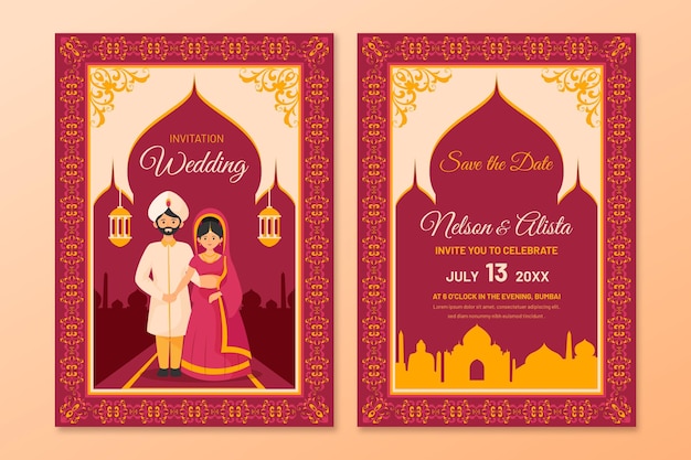 Vecteur papeterie de mariage pour couple indien avec illustrations