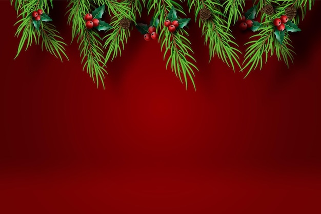 Papier d'art de joyeux Noël et bonne année avec fond de ton rouge. Pin minimal créatif et houx pour carte de voeux. Affiche graphique d'élément de décoration de fête de fête de vacances. Image vectorielle