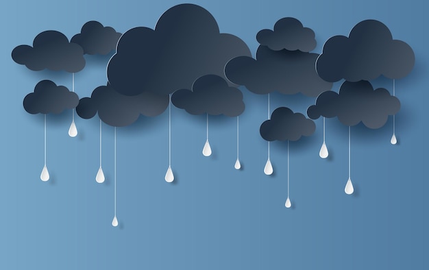 Vecteur papier art et style artisanal de la saison des nuages et des pluies sur fond sombreillustration vectorielle