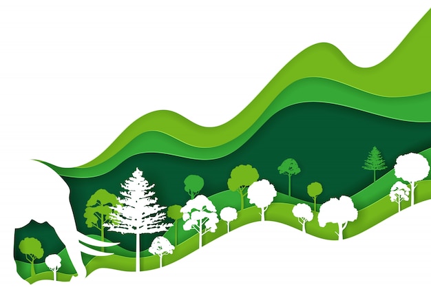 Vecteur papier d'art et style d'artisanat numérique de paysage avec éléphant et éco forêt verte, jour de la terre et concept de la journée mondiale de l'environnement.