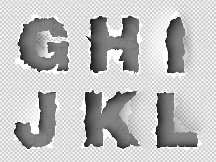 Vecteur papier déchiré alphabet sur fond transparent