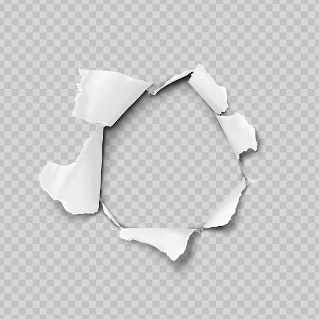 Papier déchiré réaliste, trou dans la feuille de papier sur fond transparent. Pas de filet de dégradé. Illustrations vectorielles.