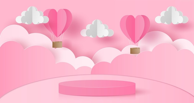 Papier Découpé Du Fond De La Saint-valentin Avec Des Ballons à Air Chaud Et Des Nuages De Coeur De Podium De Cylindre Rose Pour La Carte De Voeux D'affiche De Présentation De Produits