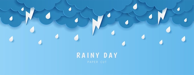 Vecteur papier découpé du texte du jour de pluie avec des gouttes de pluie de nuages et des éclairs sur l'espace de copie de fond bleu