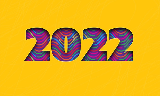 Vecteur papier découpé numéro 2022 en lignes multicolores sur fond jaune pour le concept de bonne année.