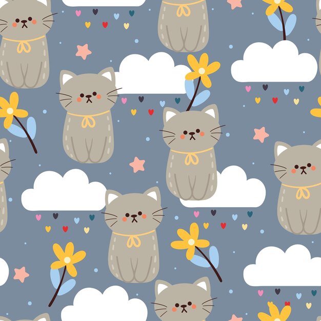 Papier Peint D'animal Mignon Pour Le Textile Avec Un Motif De Chat De Dessin Animé Sans Couture Avec Un élément De Fleur Et De Ciel