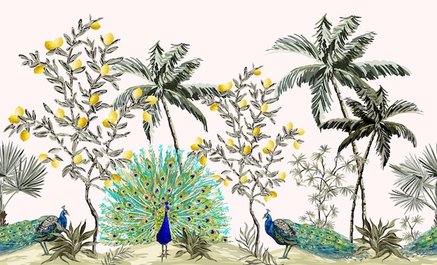 Papier peint chinoiserie exotique avec des paons, des citronniers, des plantes tropicales. Fond d'écran jungle exotique avec des palmiers. Isolé sur fond blanc.