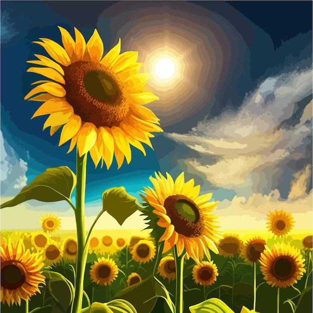 Vecteur papier peint paysage de champ de tournesol contre le ciel bleu avec des nuages nature illustration vectorielle