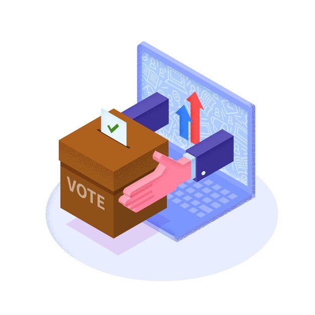 Papier de vote isométrique 3d plat dans une urne qui sort du moniteur d'ordinateur portable