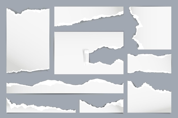 Papiers déchirés 3d ensemble dans la conception de réalisme Paquet de pages déchirées texture bordures irrégulières pages avec des trous avec des bords roulés endommagés morceaux de papiers vierges isolés éléments réalistes Illustration vectorielle