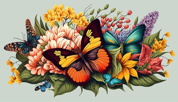 Papillon en bouquet coloré de fleurs vector illustration Fond d'isolement Illustration vectorielle