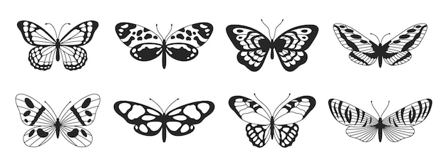 Vecteur papillon cinquième ensemble d'ailes noires et blanches dans le style des lignes ondulées esthétique y2k