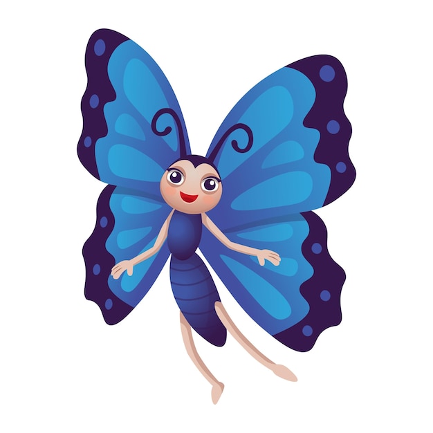 Vecteur papillon de dessin animé drôlepapillon bleu papillon de dessin animé pour les enfants sur fond blanc