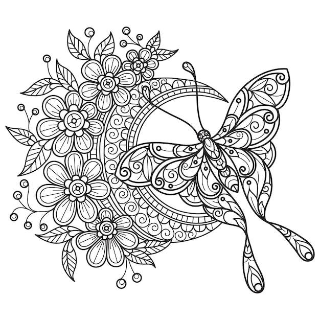 Vecteur papillon et fleur lune dessinés à la main pour livre de coloriage adulte