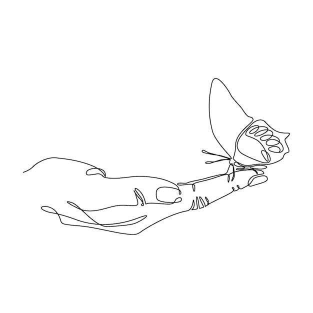 Papillon sur la main Lineart Vector illustration isolé fond blanc espace vide pour le texte