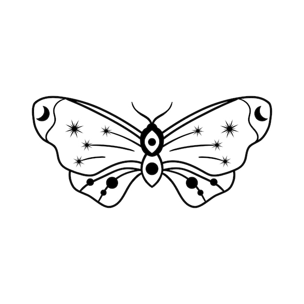 Papillon De Nuit Avec Croissant De Lune Et étoiles Isolés Sur Fond Blanc Vecteur D'insecte Doodle Céleste Noir Dessiné à La Main