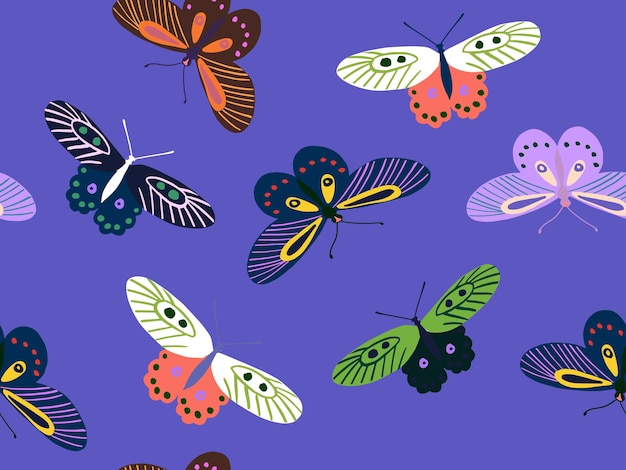 Papillons dessinés à la main dans un style naïf Modèle sans couture enfantin avec des papillons colorés