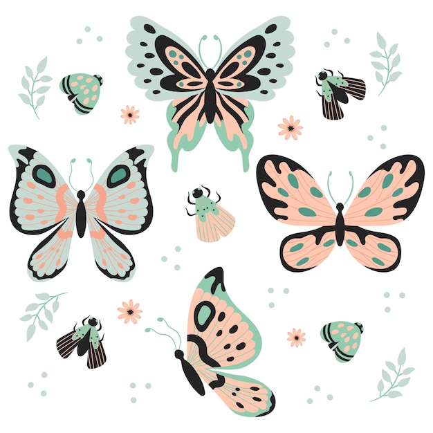 Vecteur papillons dessinés à la main, insectes, fleurs et plantes seamless pattern isolé sur fond blanc