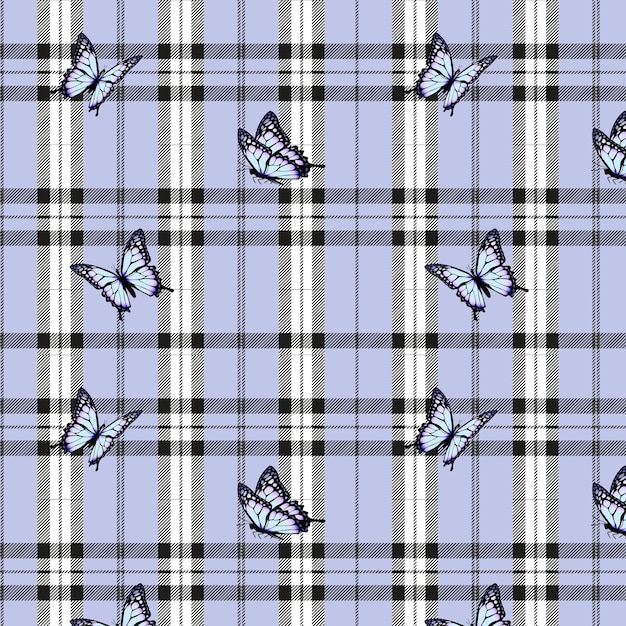 Papillons Sur Un Fond à Carreaux Modèle Sans Couture Monochrome Modèle à Carreaux Tartan Sans Couture