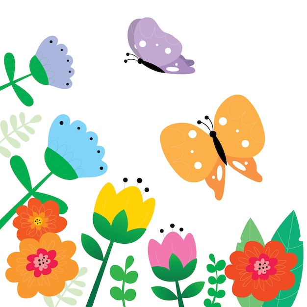 Vecteur papillons mignons et fleurs colorées