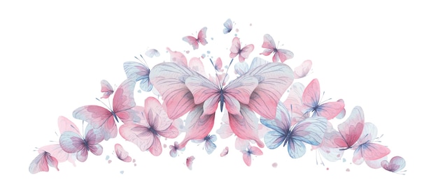 Les papillons sont rose bleu lilas volant délicat avec des ailes et des éclaboussures de peinture illustration aquarelle dessinée à la main composition isolée sur fond blanc pour le design