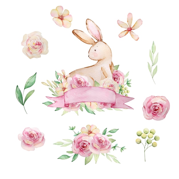 Pâques printemps aquarelle sertie de lapin avec bannière