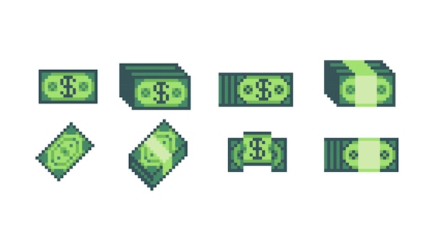 Vecteur paquet d'argent, ensemble d'art pixel pack. collection de liasse de dollars. billets verts.
