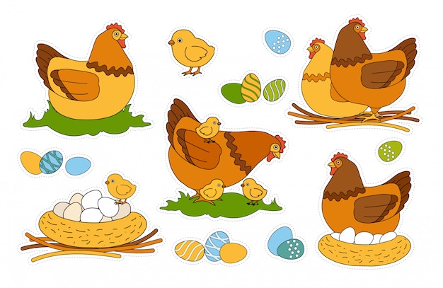 Vecteur paquet d'autocollants de joyeuses fêtes de pâques pour enfants colorés avec des œufs colorés et ornés, des poussins, du poulet marchant avec des poussins, une poule couveuse assise sur le nid. oiseaux domestiques. jeu d'enfants à couper et coller.