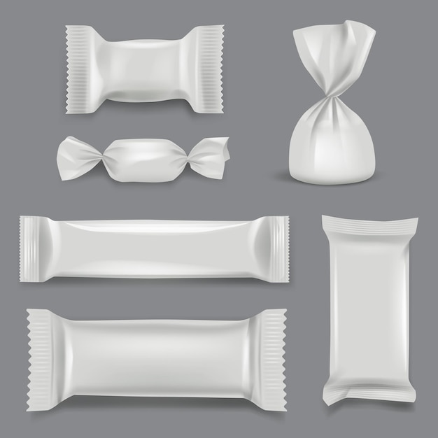 Vecteur paquet de bonbons réaliste. wrappers papier pack modèle de maquette en plastique cadeau supermarché pour bonbons. emballage en aluminium et emballage en plastique pour illustration de bonbons au chocolat