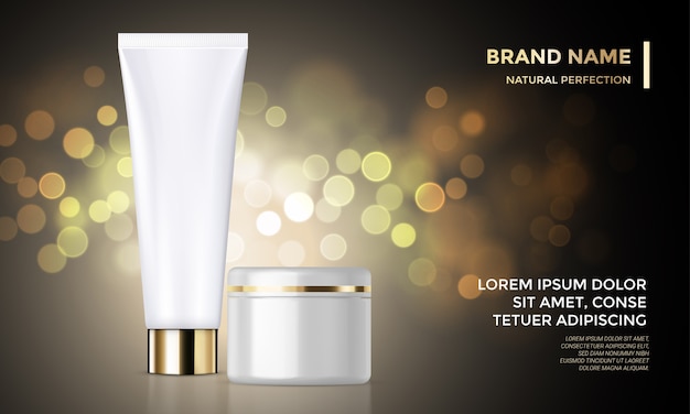 Vecteur paquet cosmétique modèle publicitaire crème de soin de la peau fond doré
