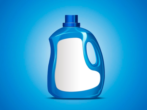 Vecteur paquet de détergent à lessive vierge, bouteille contenant bleu avec étiquette en illustration 3d isolée sur fond bleu