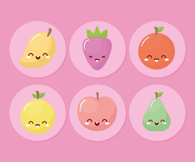 Paquet De Fruits Kawaii Avec Un Sourire Sur Fond Rose.