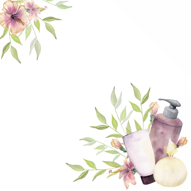 Paquet De Produits De Beauté Pour Le Bain Spa Aquarelle Dessinés à La Main Avec Des Fleurs Et Des Feuilles Bordure De Cadre Isolé Sur Fond Blanc