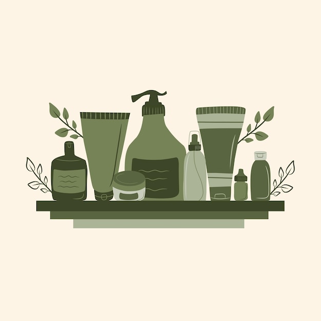 Vecteur paquet de produits de routine de soins de la peau floral dans une étagère flottante illustration plate dessinée à la main en marron